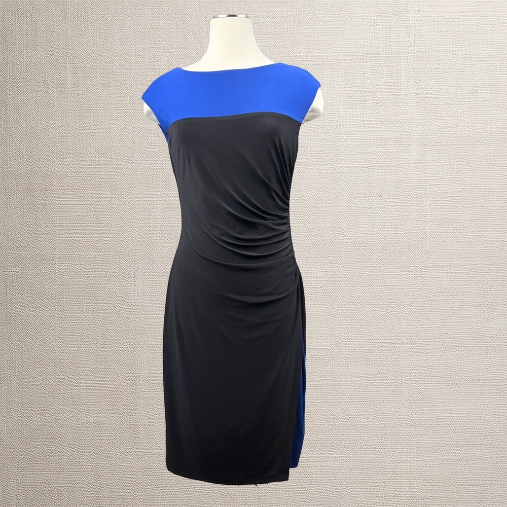 Lauren Ralph Lauren Womens 8 Ruched Dress Blue Black Knee Length Cap Sleeve